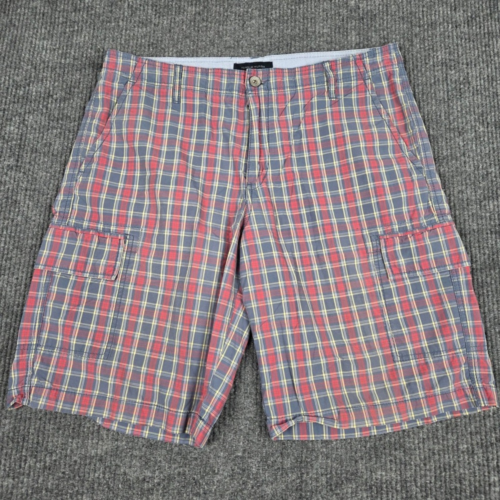 Tommy Hilfiger Mens Plaid Cargo Shorts Red Blue Yellow 100% Cotton Size 36